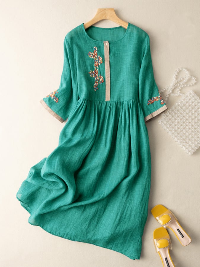 Talise Women's Dress – Embroidered Cotton-Linen Dress with Ethnic-Inspired Design and Comfortable Fit