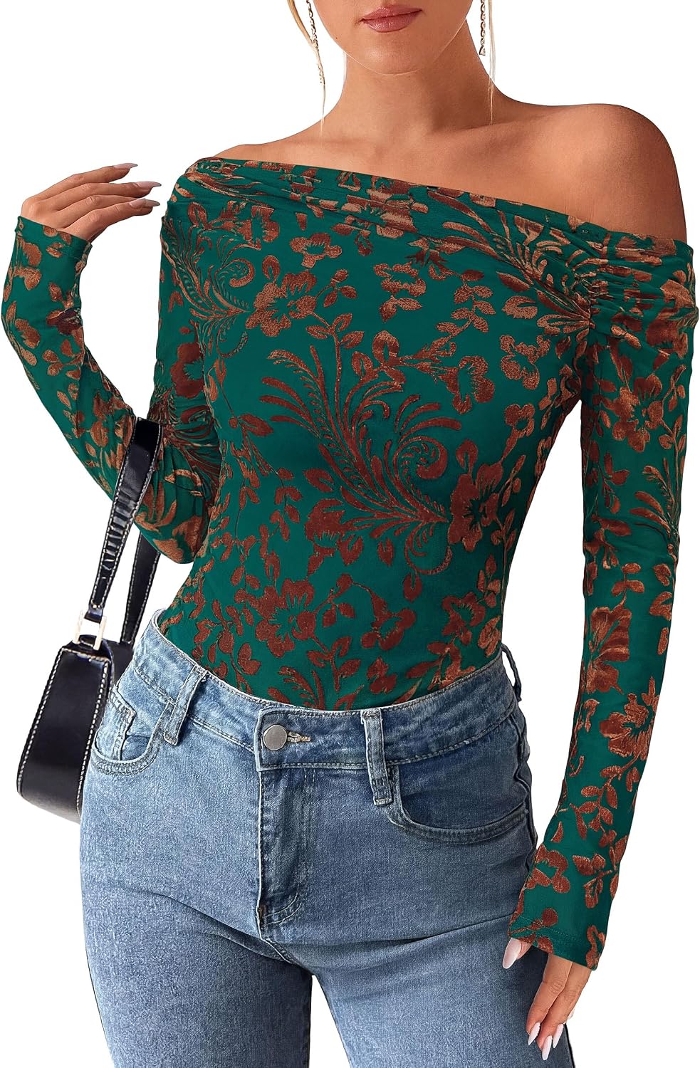 Nash Women's Floral Off-Shoulder Top – Asymmetric Neckline, Full-Length Sleeves & Fitted Silhouette