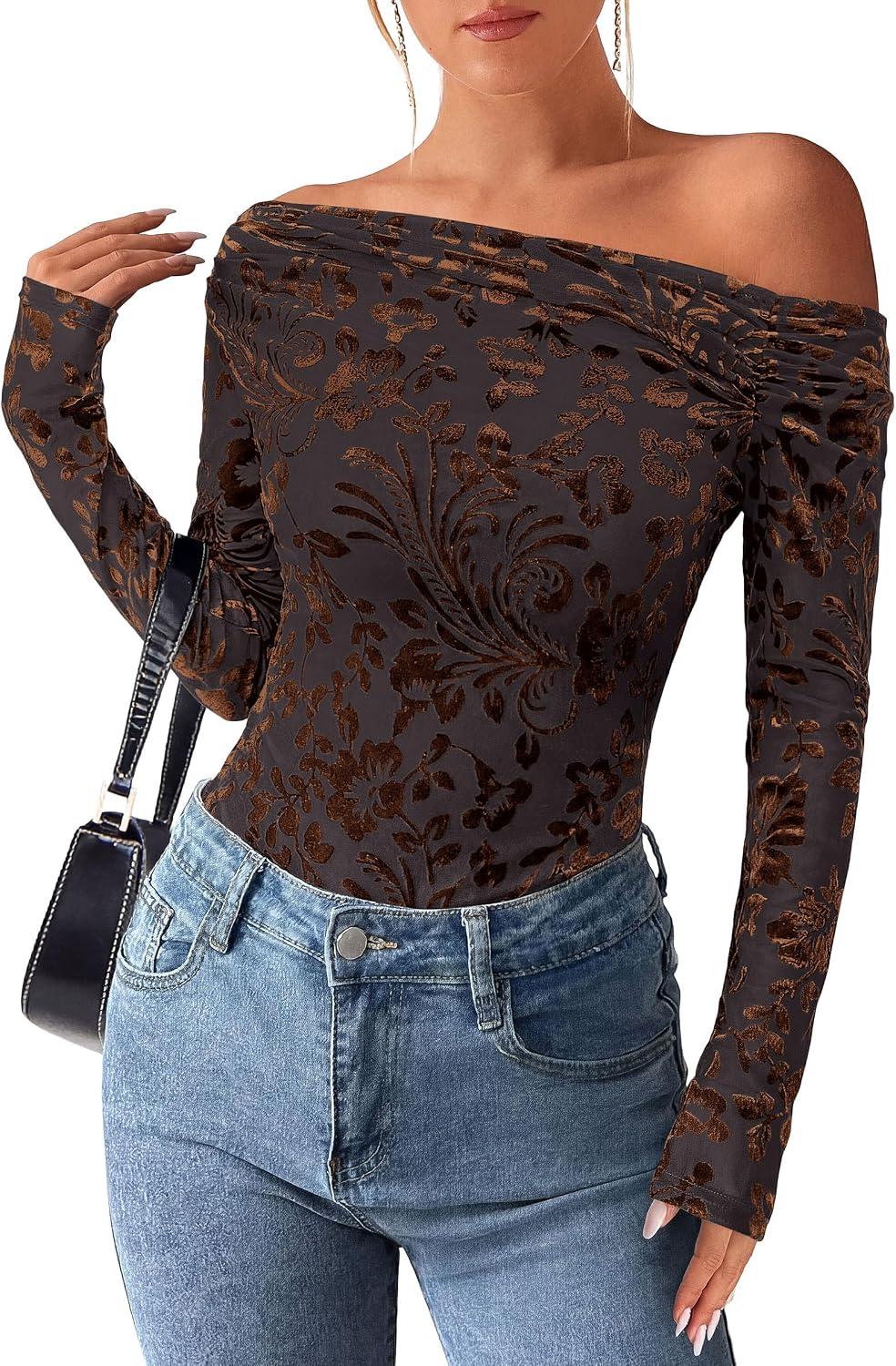 Nash Women's Floral Off-Shoulder Top – Asymmetric Neckline, Full-Length Sleeves & Fitted Silhouette