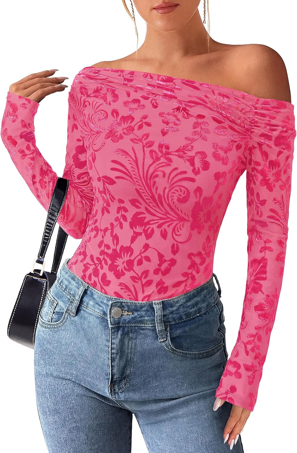 Nash Women's Floral Off-Shoulder Top – Asymmetric Neckline, Full-Length Sleeves & Fitted Silhouette