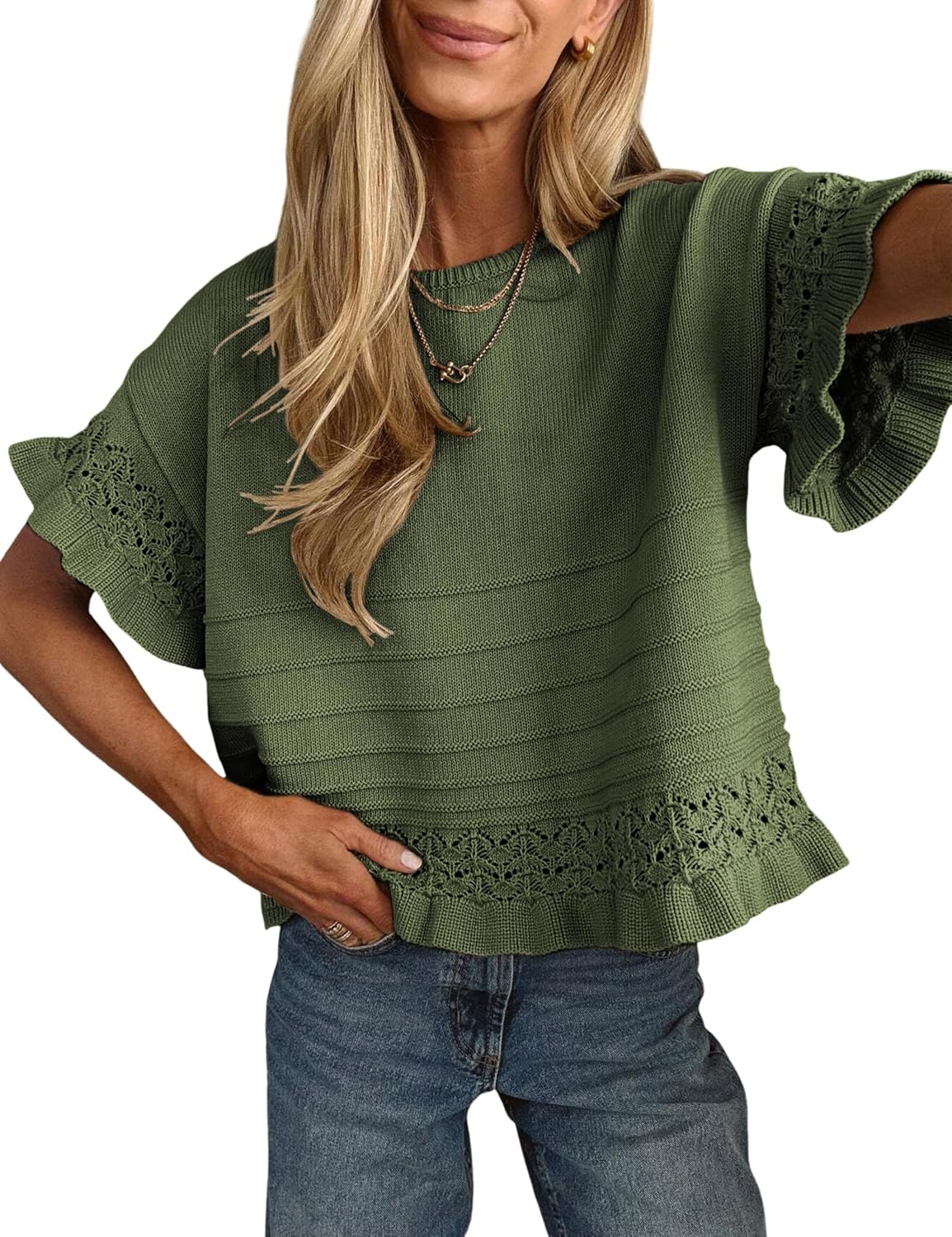Juniper Women's Ruffle Knit Top – Round Neckline, Short-Sleeve Design & Cotton-Blend Fabric