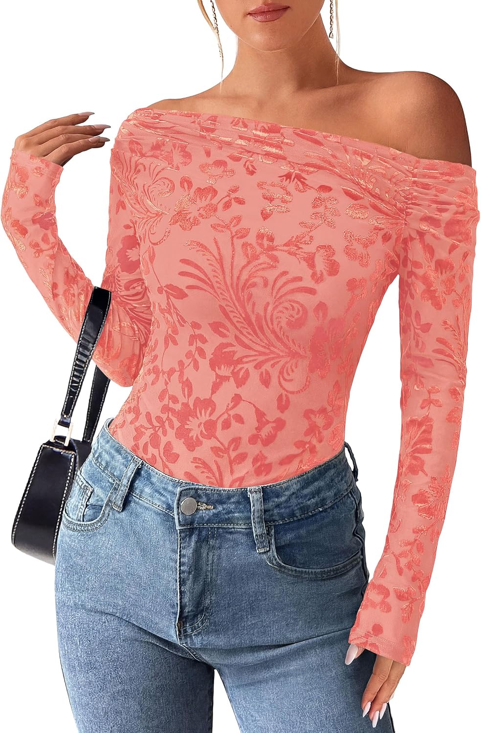 Nash Women's Floral Off-Shoulder Top – Asymmetric Neckline, Full-Length Sleeves & Fitted Silhouette
