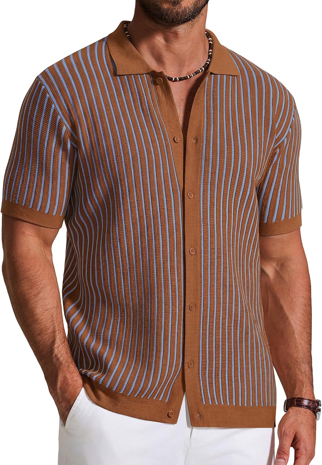 Quade Men's Retro Knit Shirt – Colour-Block Stripes, Collar & Button-Down Front