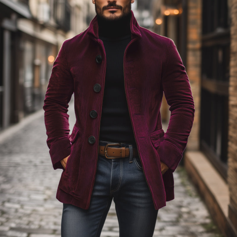 Liora Men's Corduroy Coat – Tailored Fit with Mandarin Collar & Refined Side Slip Pockets
