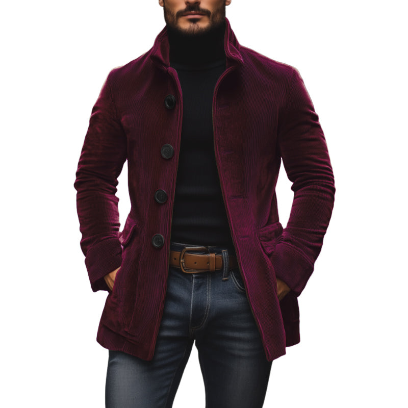 Liora Men's Corduroy Coat – Tailored Fit with Mandarin Collar & Refined Side Slip Pockets