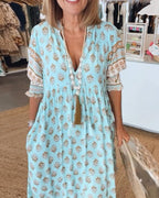 Leif Women's Dress – Printed V-Neckline Dress with Mid-Length Sleeves & Cozy Fit