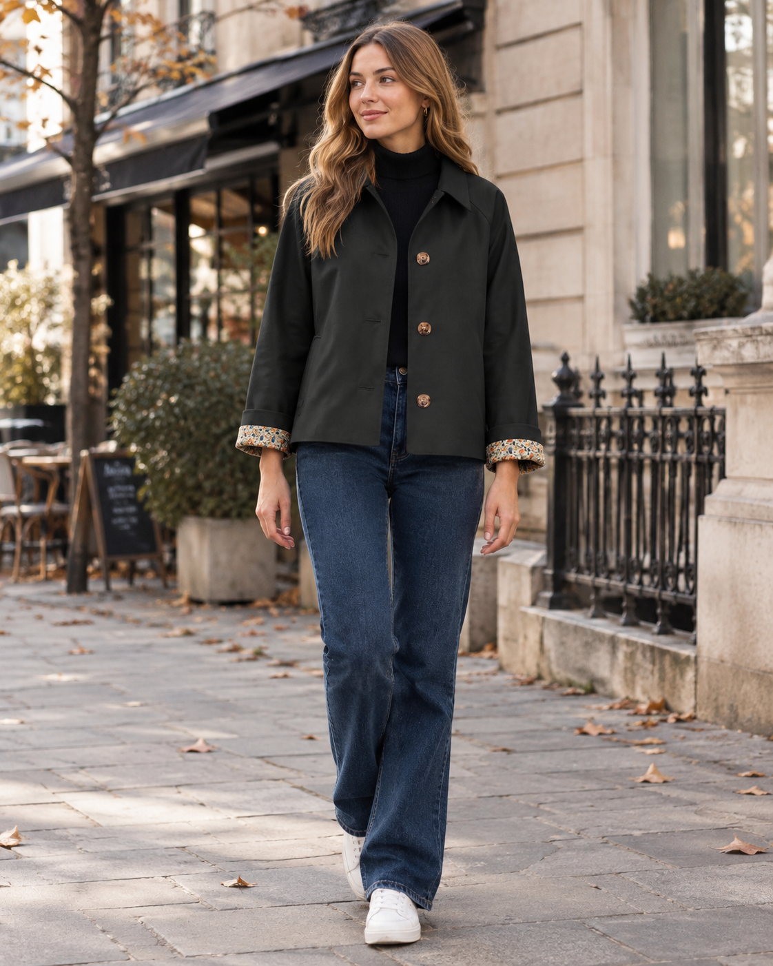Daphne Women's Short-Cut Lightweight Trench Jacket Complete with Plaid Lining and Side Pockets