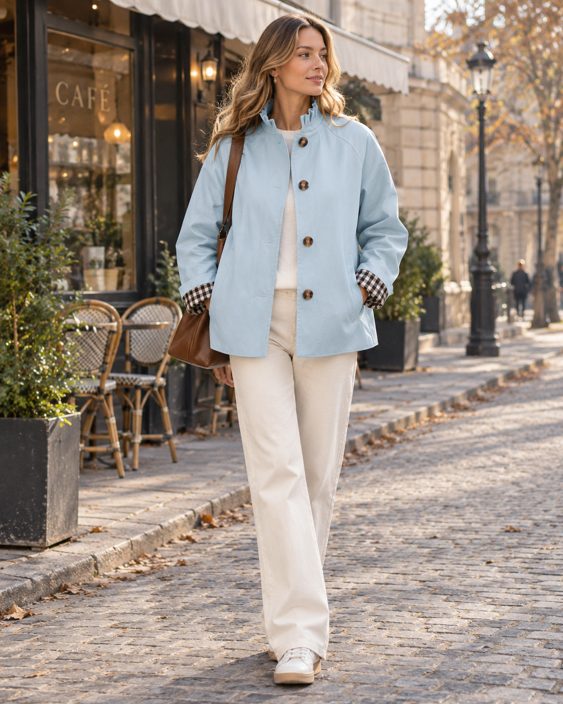 Lianne Women's Cropped Trench Jacket - Ruffled Collar, Plaid Cuffs and Button Front