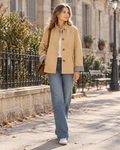 Lianne Women's Cropped Trench Jacket - Ruffled Collar, Plaid Cuffs and Button Front