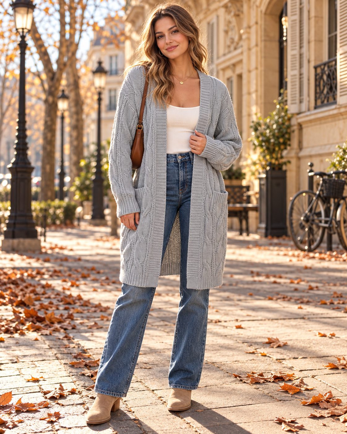 Luciana Long Open-Front Knit Cardigan for Women – Lightweight Sweater with Pockets, Relaxed Cable-Knit Layer