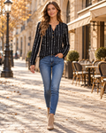 Isadora Printed Long-Sleeve Henley Top with V-Neck and Button Detail - Modern Essential