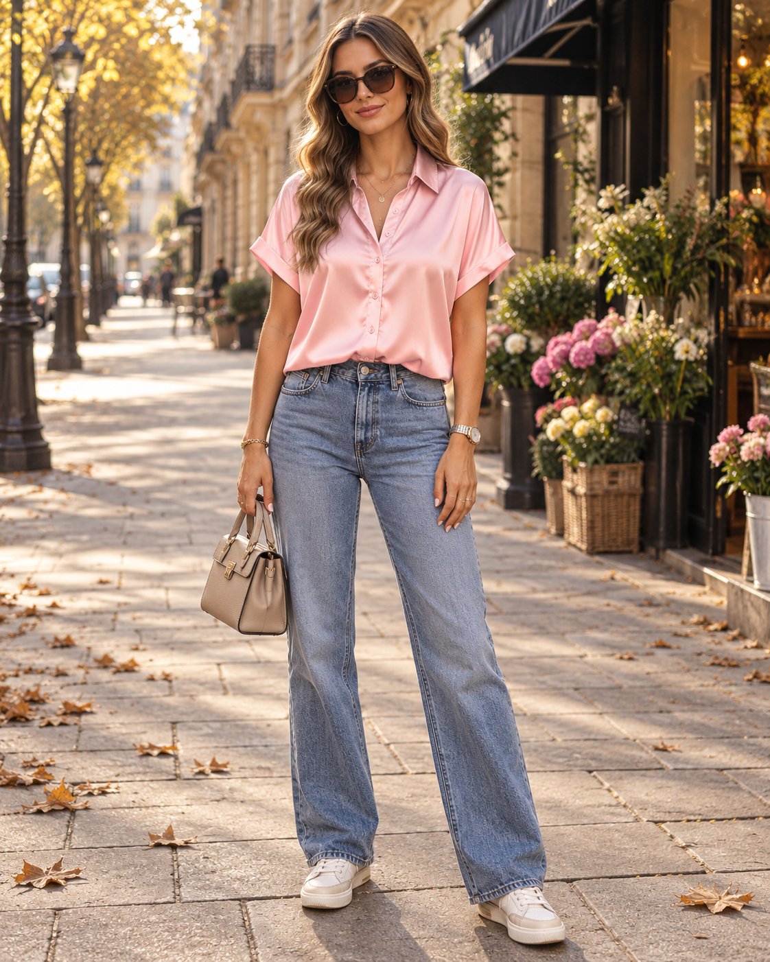 Celine Women's Short-Sleeve Lightweight Shirt – Satin Button-Down Blouse