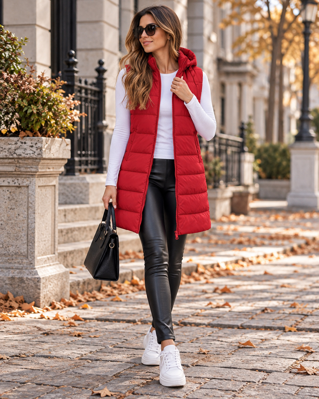 Pauline Women's Hooded Long Puffer Vest – Quilted Zip-Up Front with Side Slits Detail