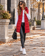 Pauline Women's Hooded Long Puffer Vest – Quilted Zip-Up Front with Side Slits Detail