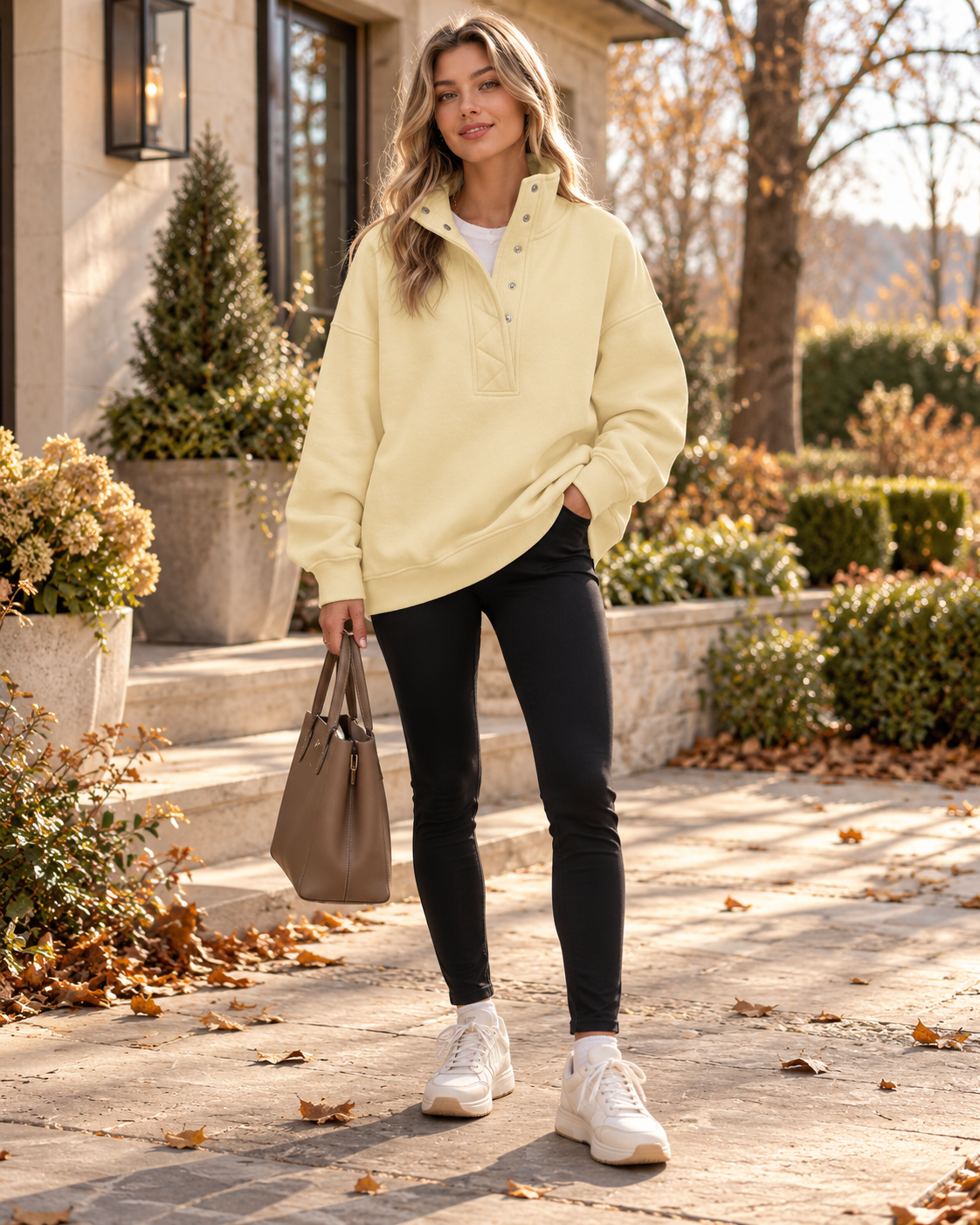 Brietta Women's Snap-Collar Long-Sleeve Pullover – Oversized Henley Sweatshirt