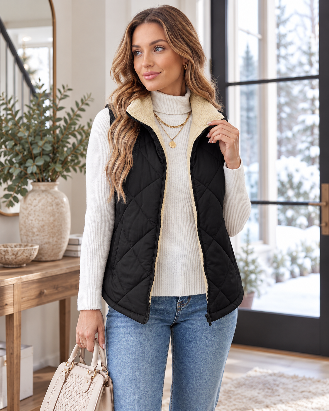 Bianca Women's Sleeveless Diamond-Quilted Vest - Sherpa Collar, Full Zip and Pockets