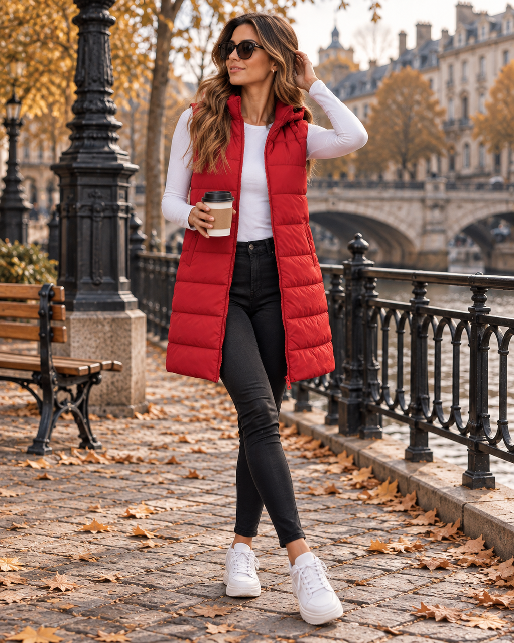 Pauline Women's Hooded Long Puffer Vest – Quilted Zip-Up Front with Side Slits Detail
