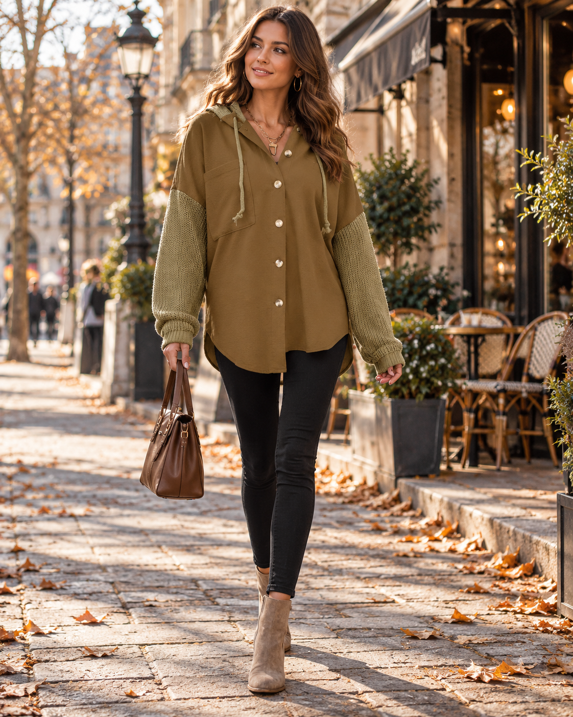 Xandra Women's Button-Front Loose Oversize Hooded Sweatshirt Complete with Knit Sleeves and Loose Fit