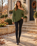 Kaia Women's Oversized Off-Shoulder Asymmetric Top – Long Sleeve Casual Shirt