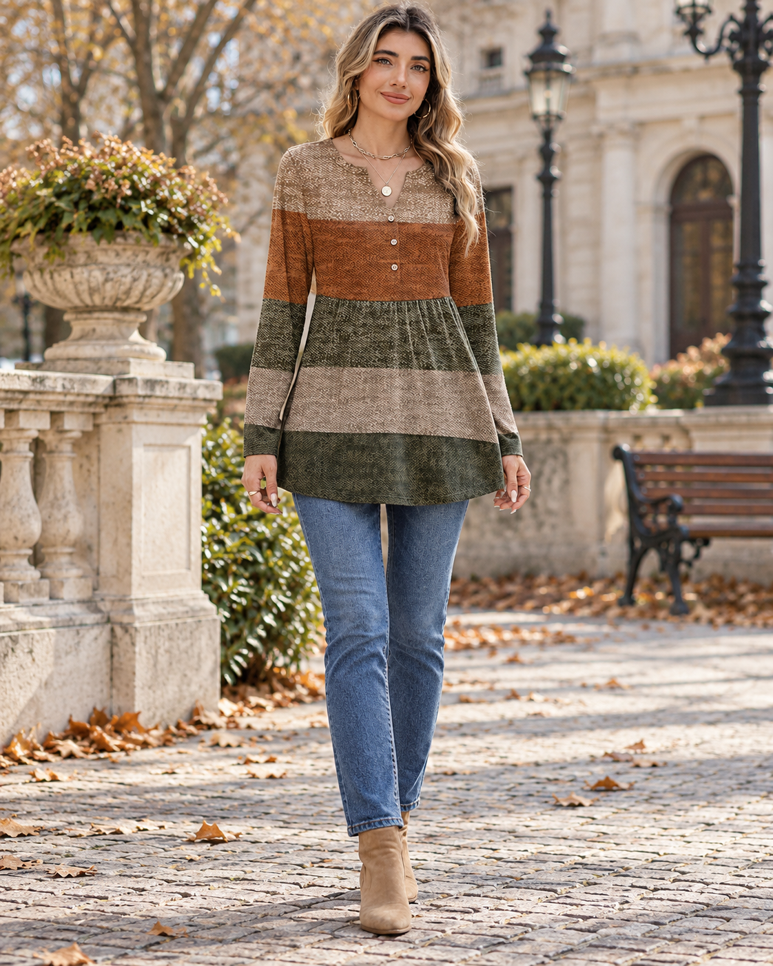 Gianna Women's Long Sleeve V-Neck Henley Tunic Top – Pleated Colorblock Design