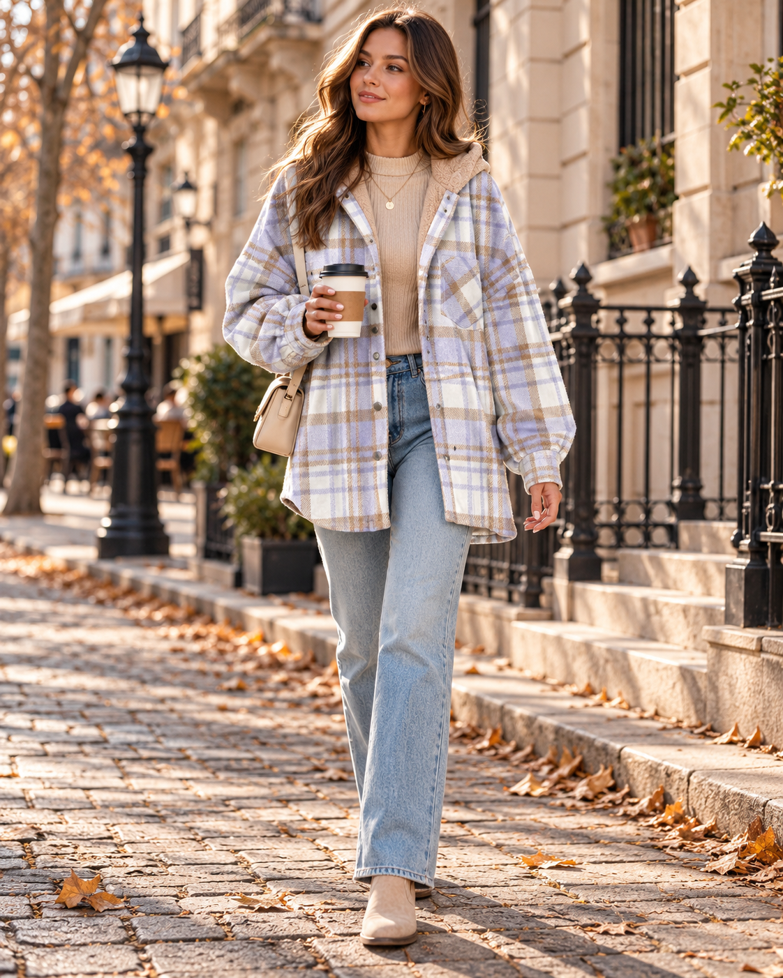 Yana Women's Plaid Loose Oversize Hooded Flannel Shacket Complete with Button Front and Chest Pocket