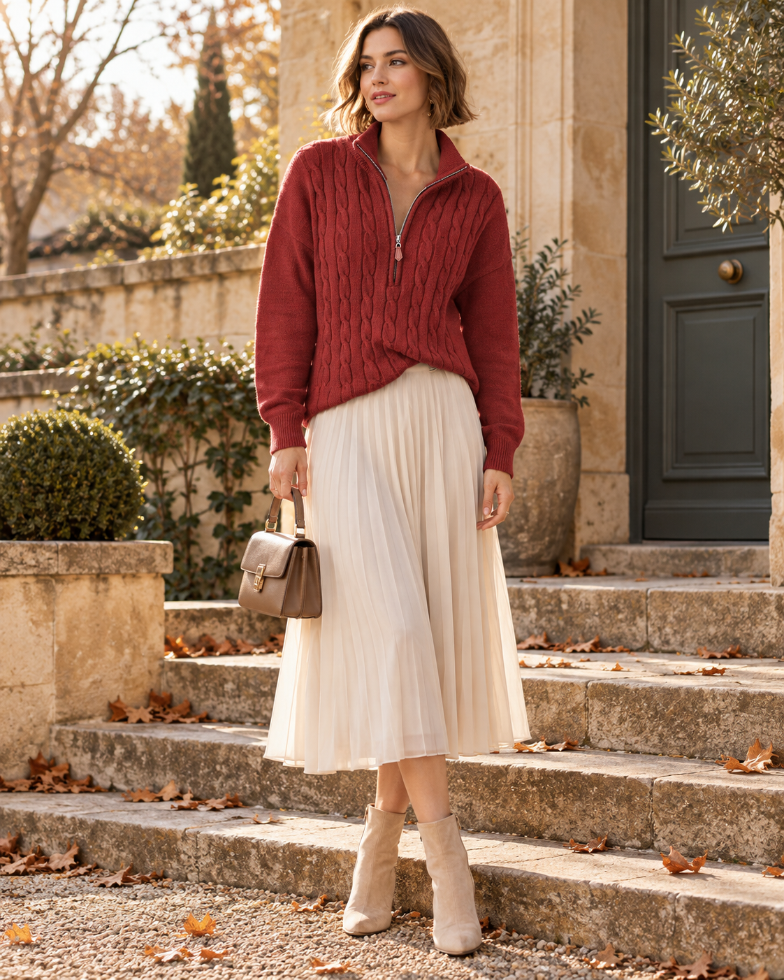 Alyssa Cable-Knit Sweater with Quarter Zip – Relaxed Long Sleeve Pullover