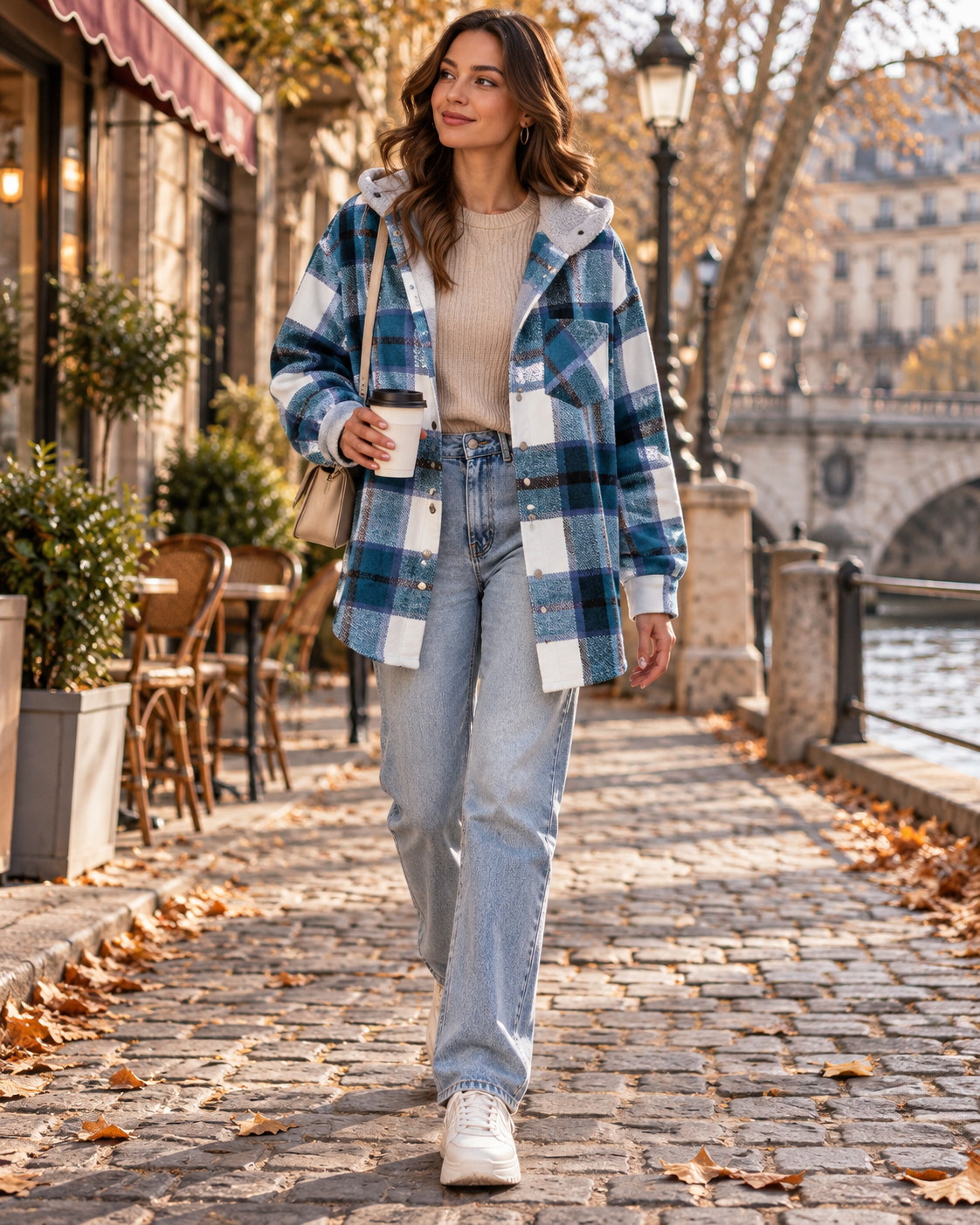 Yana Women's Plaid Loose Oversize Hooded Flannel Shacket Complete with Button Front and Chest Pocket