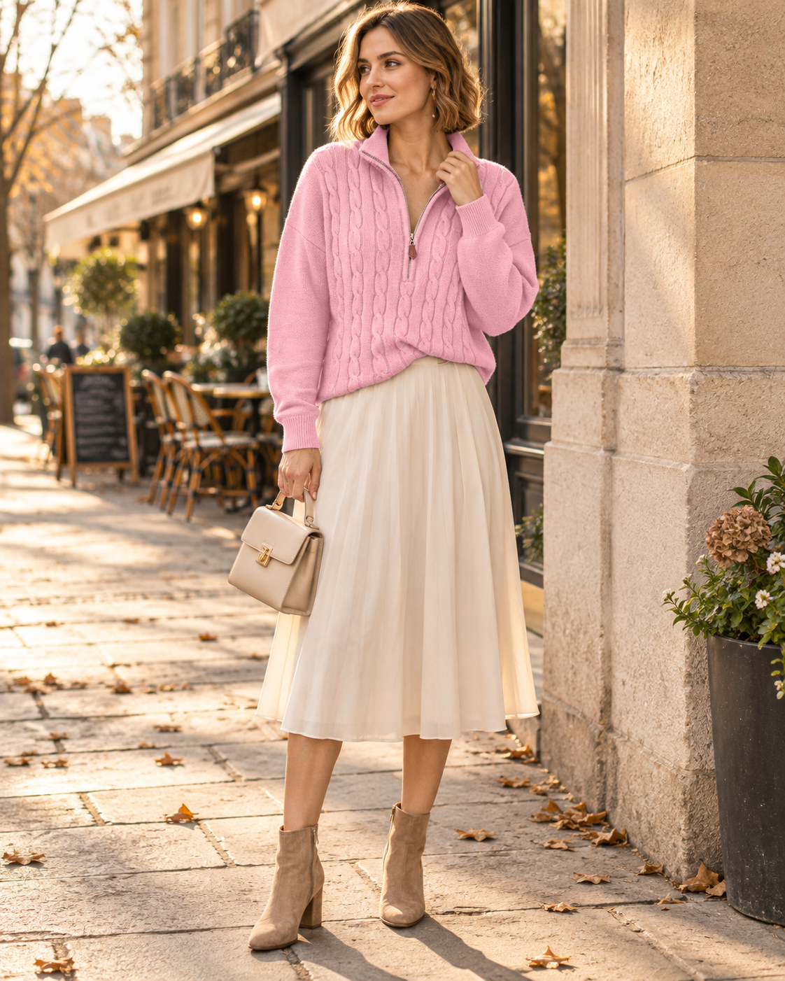 Alyssa Cable-Knit Sweater with Quarter Zip – Relaxed Long Sleeve Pullover
