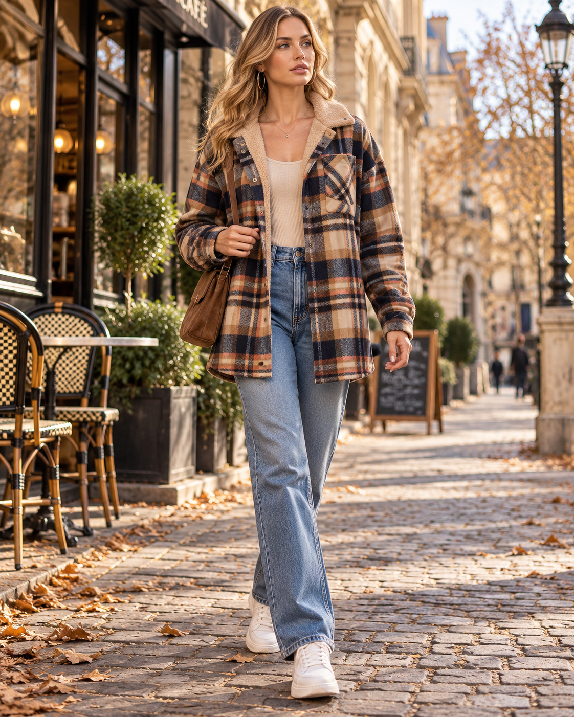 Yana Women's Plaid Loose Oversize Hooded Flannel Shacket Complete with Button Front and Chest Pocket