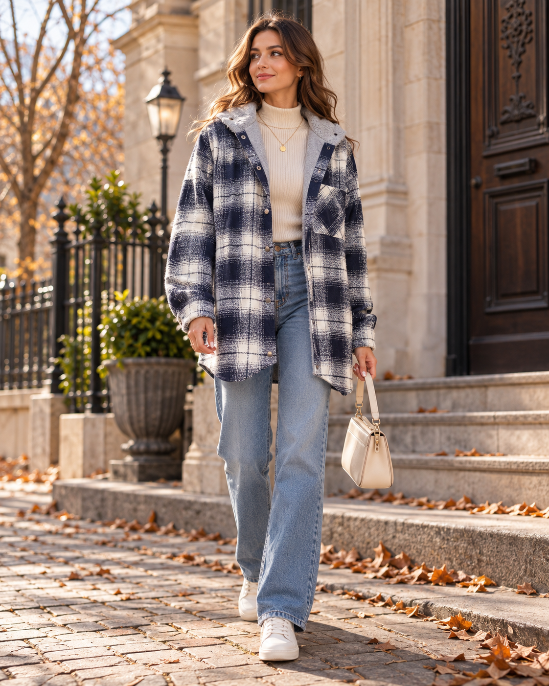 Yana Women's Plaid Loose Oversize Hooded Flannel Shacket Complete with Button Front and Chest Pocket