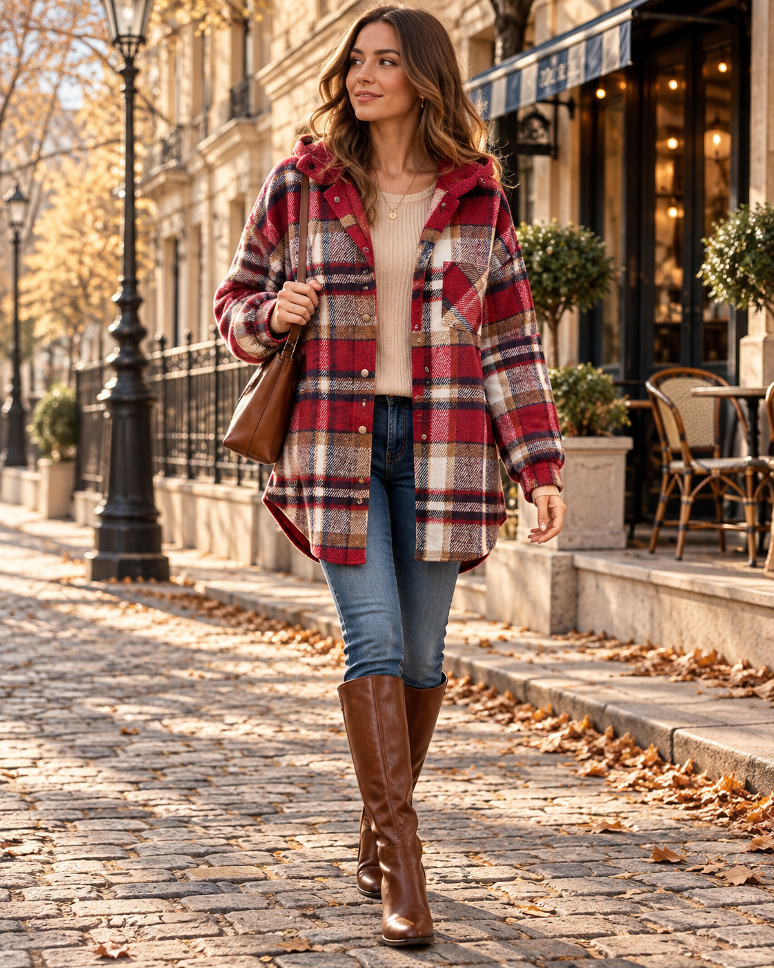 Yana Women's Plaid Loose Oversize Hooded Flannel Shacket Complete with Button Front and Chest Pocket