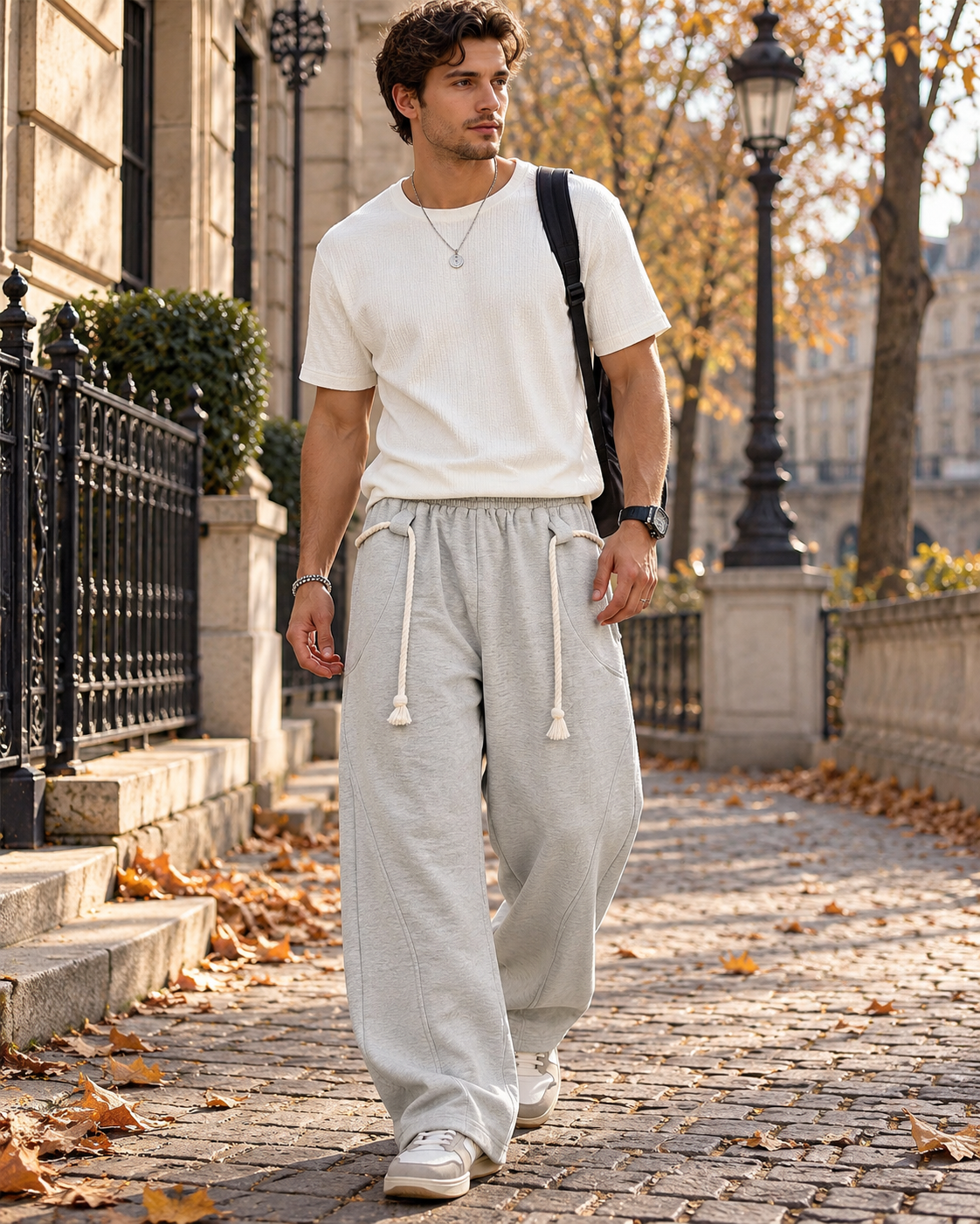 Paolo Men’s Baggy Barrel Wide Leg Sweatpants and Decorative Rope and Side Pockets