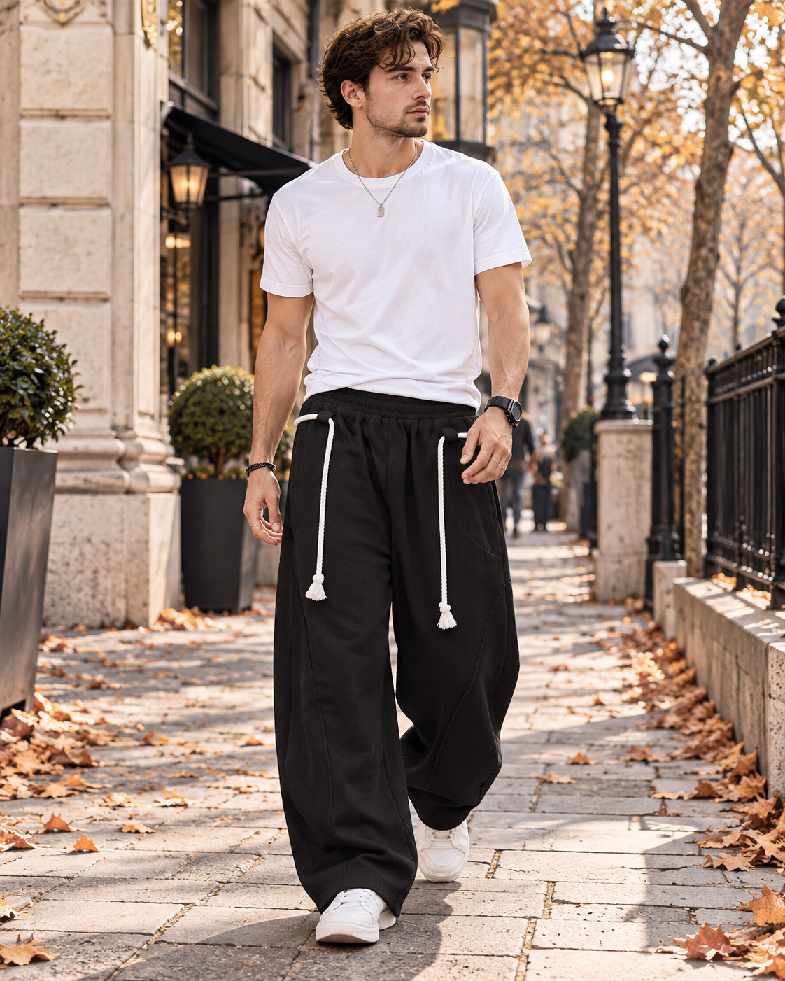 Paolo Men’s Baggy Barrel Wide Leg Sweatpants and Decorative Rope and Side Pockets