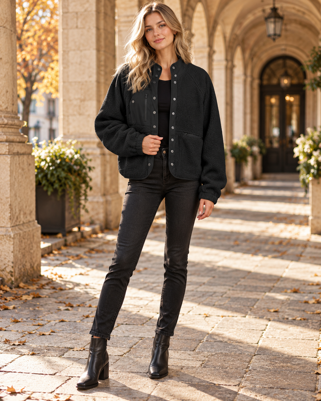 Jasmine Fuzzy Sherpa Jacket with Button Front and Practical Pockets - Modern Essential