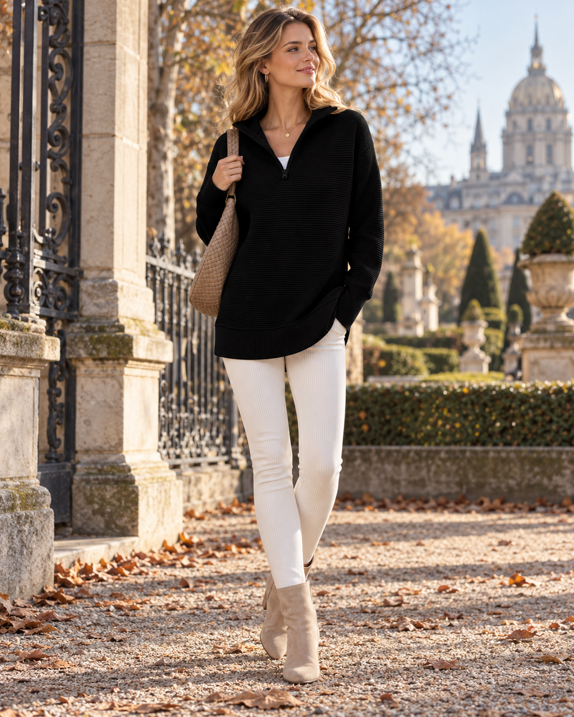 Freya Quarter-Zip Ribbed Knit Sweater for Women – Relaxed High-Collar Layer, Long-Sleeve Tunic Pullover