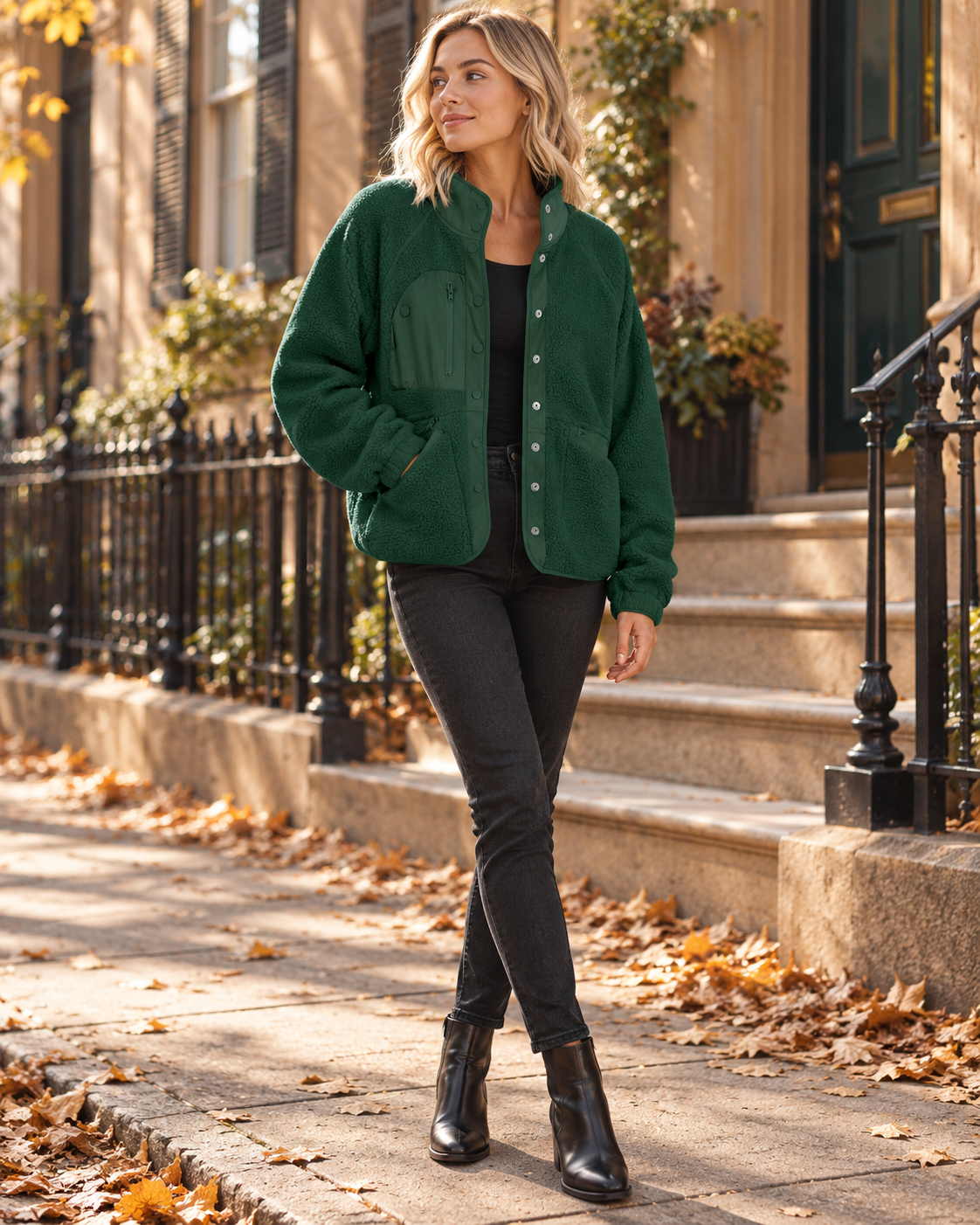 Jasmine Fuzzy Sherpa Jacket with Button Front and Practical Pockets - Modern Essential