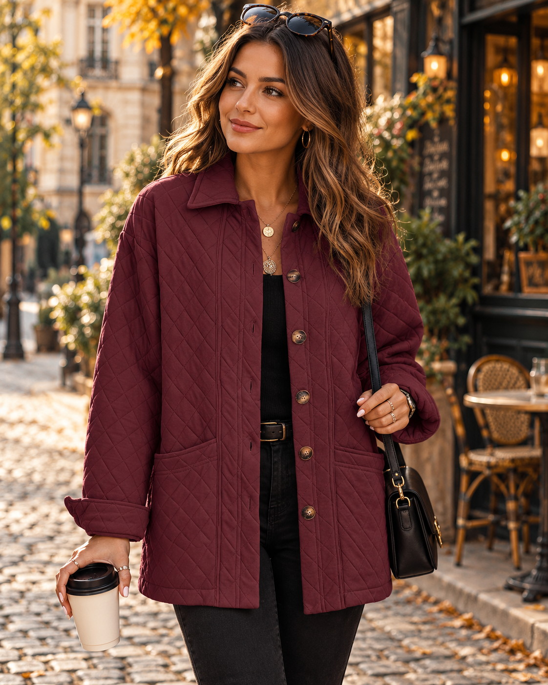 Faith Women's Diamond-Quilted Longline Jacket - Collar, Button Front and Patch Pockets
