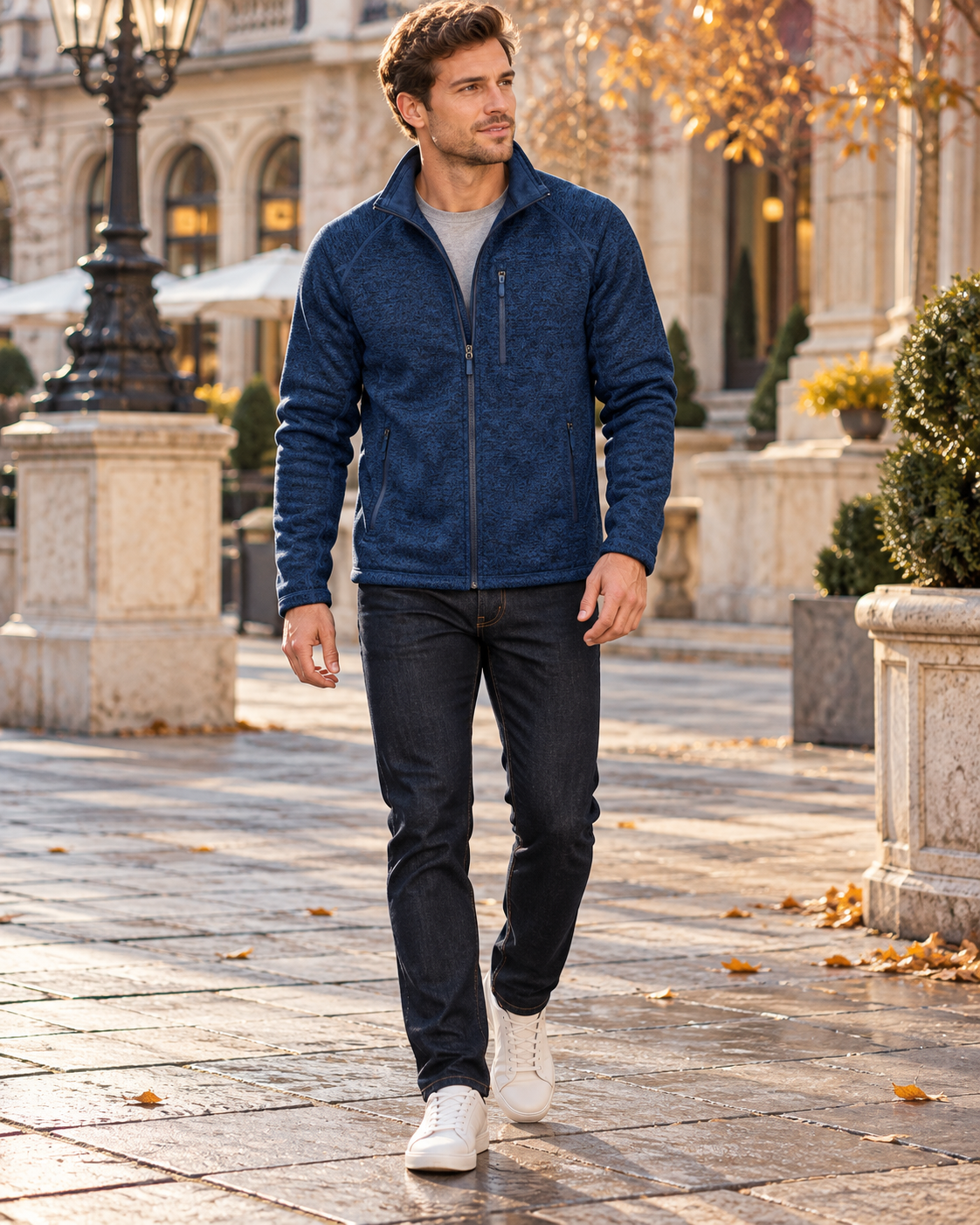 Crisanto Men's Fleece Jacket, Lightweight – Full-Zip Stand-Collar Casual Coat
