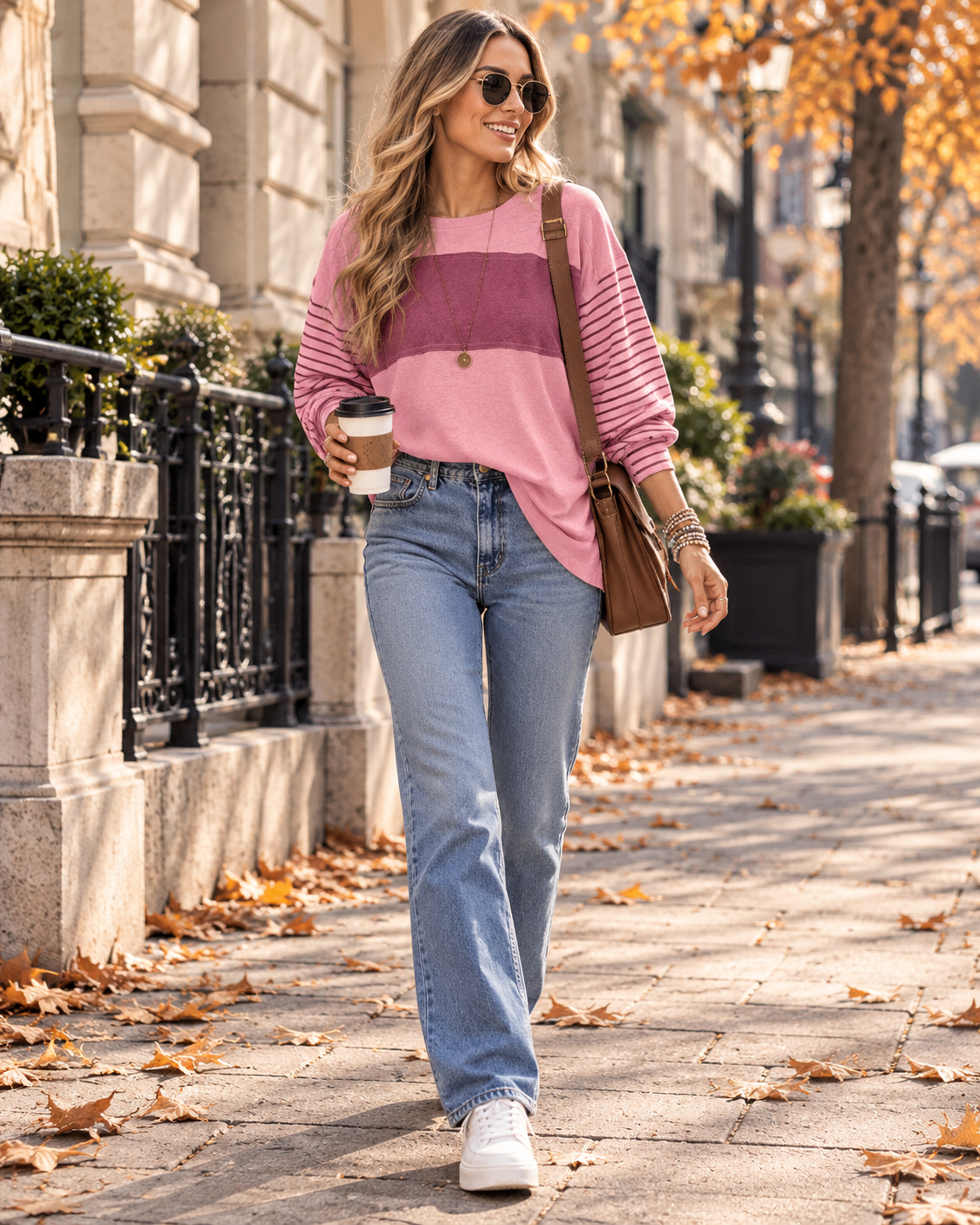 Queenie Women's Oversized Color Block Long Sleeve Crew Neck Casual Tunic Shirt Top
