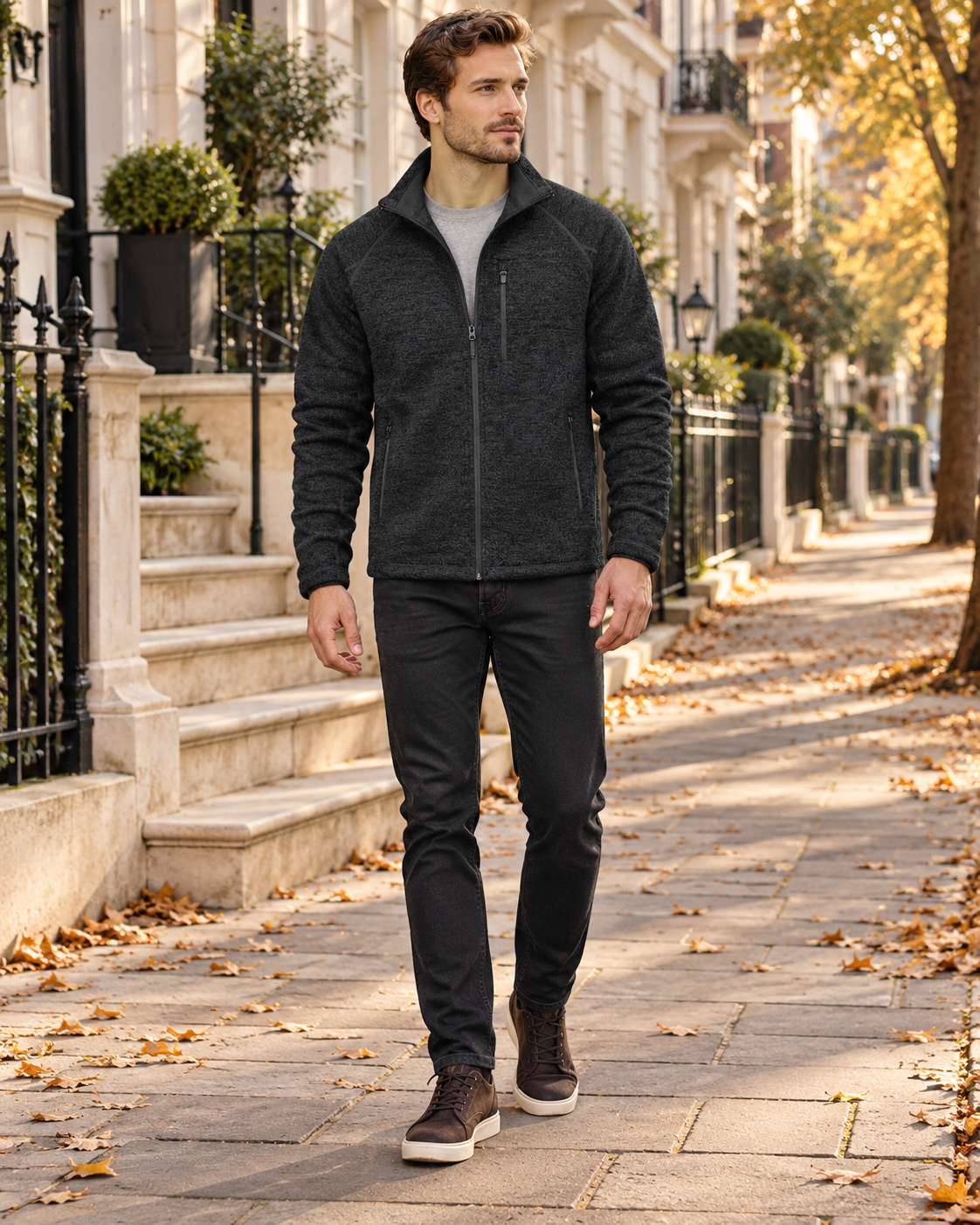 Crisanto Men's Fleece Jacket, Lightweight – Full-Zip Stand-Collar Casual Coat