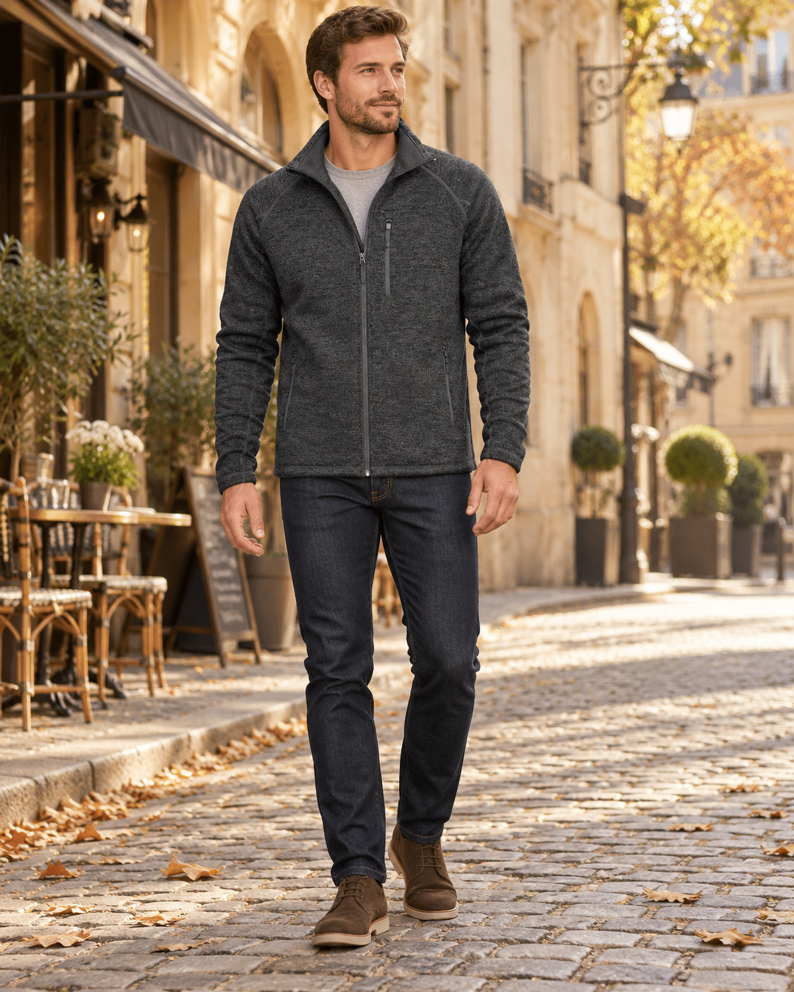 Crisanto Men's Fleece Jacket, Lightweight – Full-Zip Stand-Collar Casual Coat