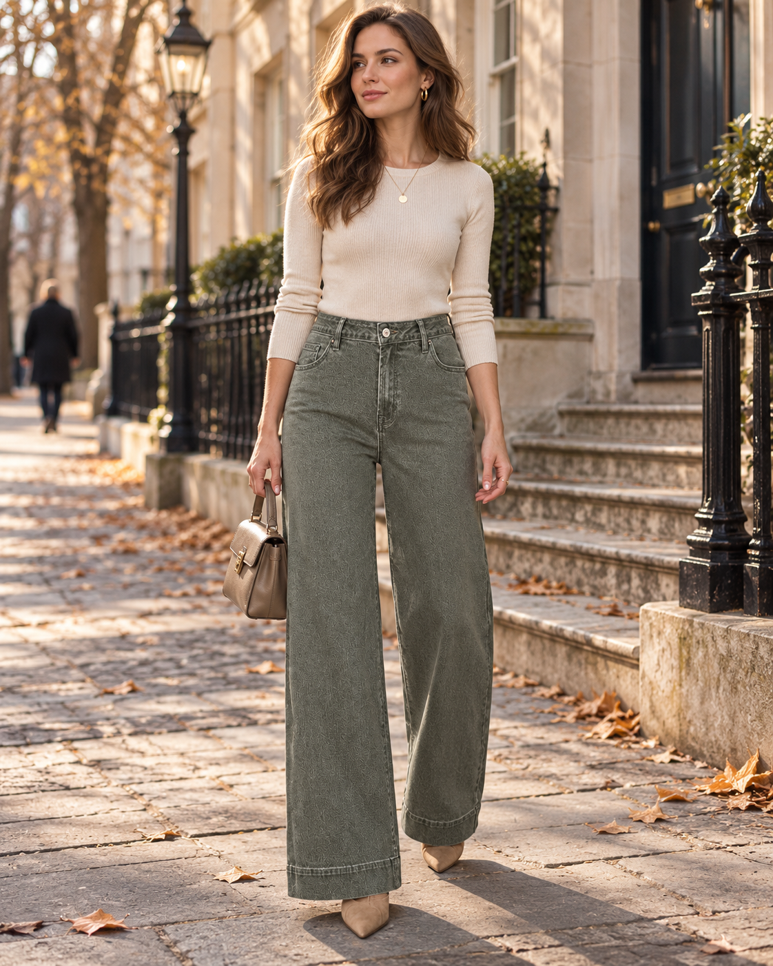 Ilaria Women's Stretch Full-Length Denim Pants – High-Waisted Wide-Leg Jeans
