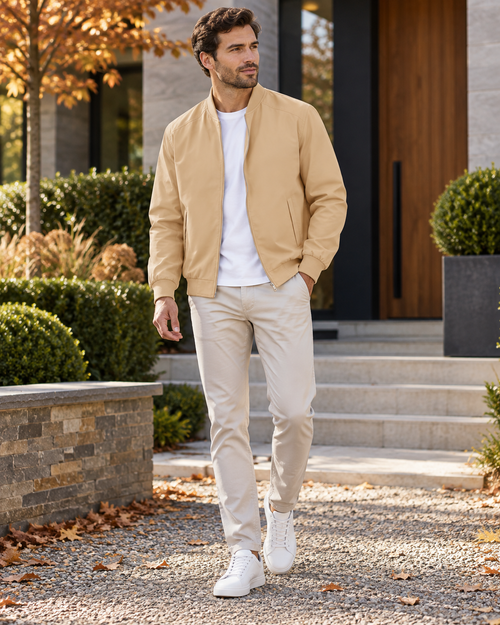 Cassian Lightweight Bomber Jacket for Men – Classic Ribbed Finish with Pockets, Full-Zip Windbreaker