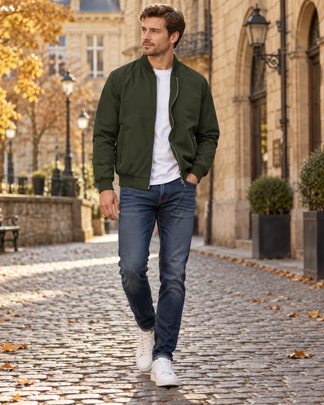 Cassian Lightweight Bomber Jacket for Men – Classic Ribbed Finish with Pockets, Full-Zip Windbreaker