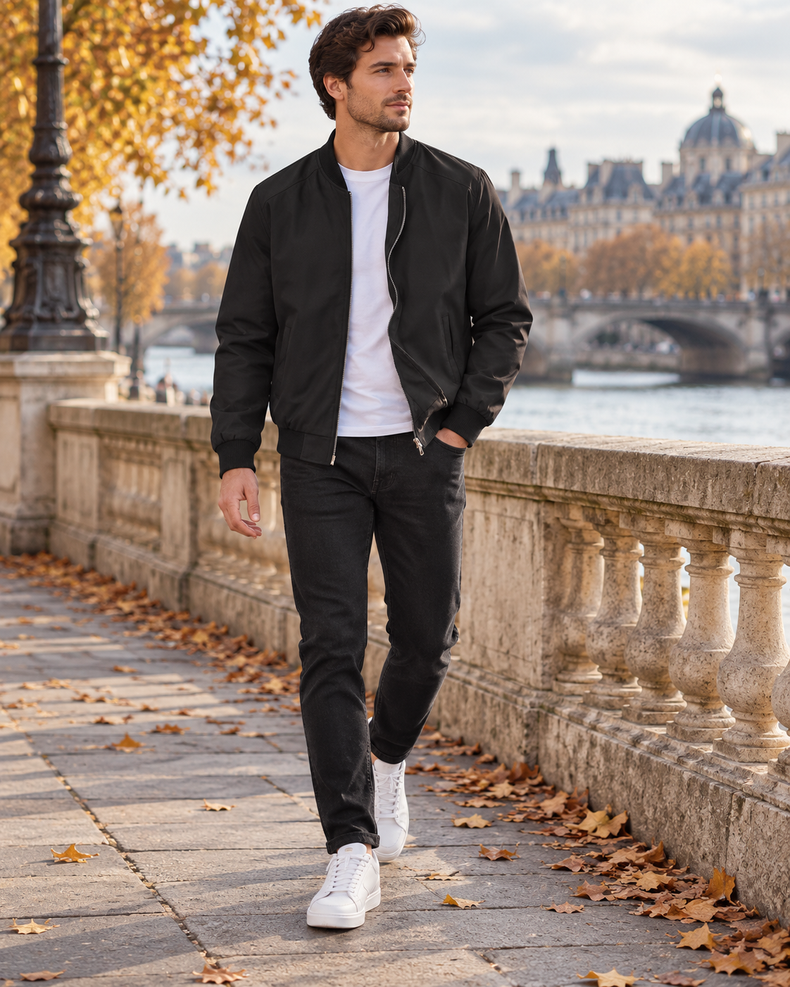 Cassian Lightweight Bomber Jacket for Men – Classic Ribbed Finish with Pockets, Full-Zip Windbreaker