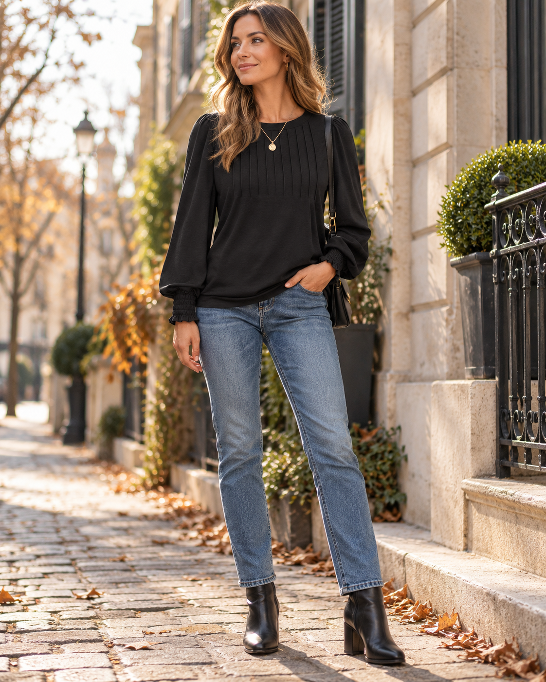 Paloma Pleated Long-Sleeve Blouse for Women – Polished Business-Casual Style, Relaxed Crew-Neck Top