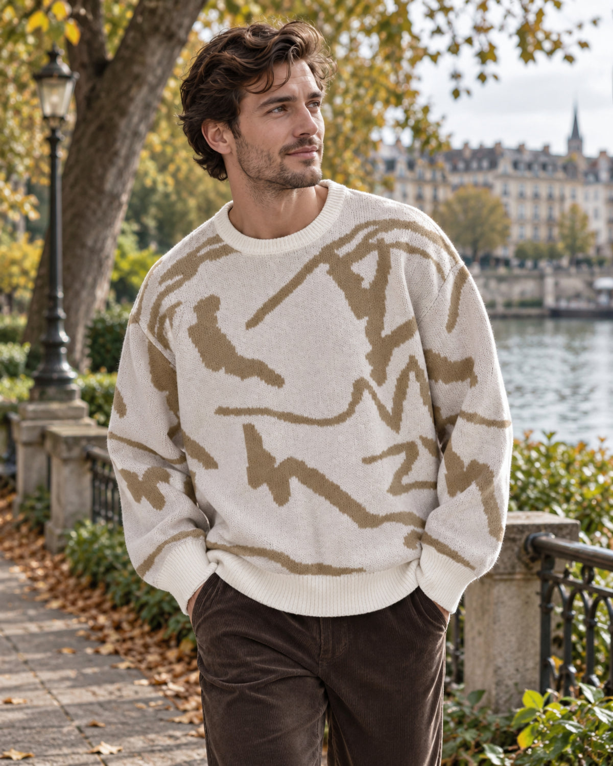 Giada Men's Knit Sweater – Abstract-Print Pullover with Ribbed Hem and Cuffs for Fall/Winter