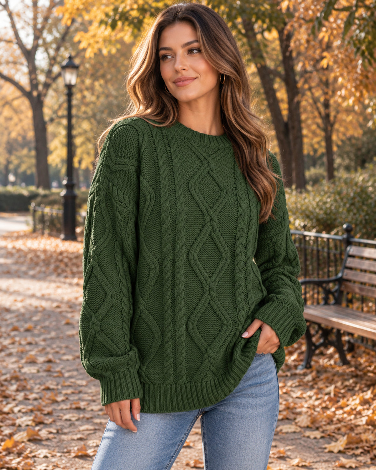 Freya Oversized Cable Knit Sweater – Crew Neck Long Sleeve Cotton Blend Pullover