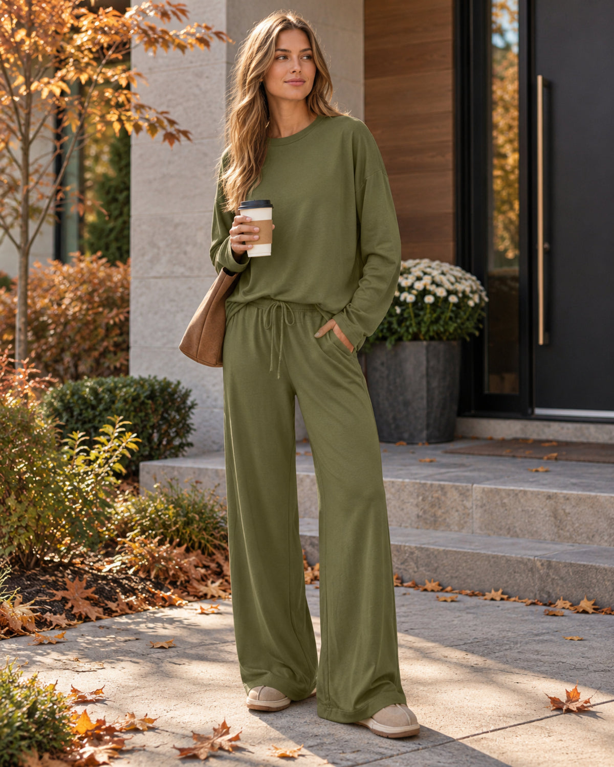 Uma Women's Two-Piece Lounge Set – Long Sleeve Top & Wide-Leg Drawstring Casual Pants