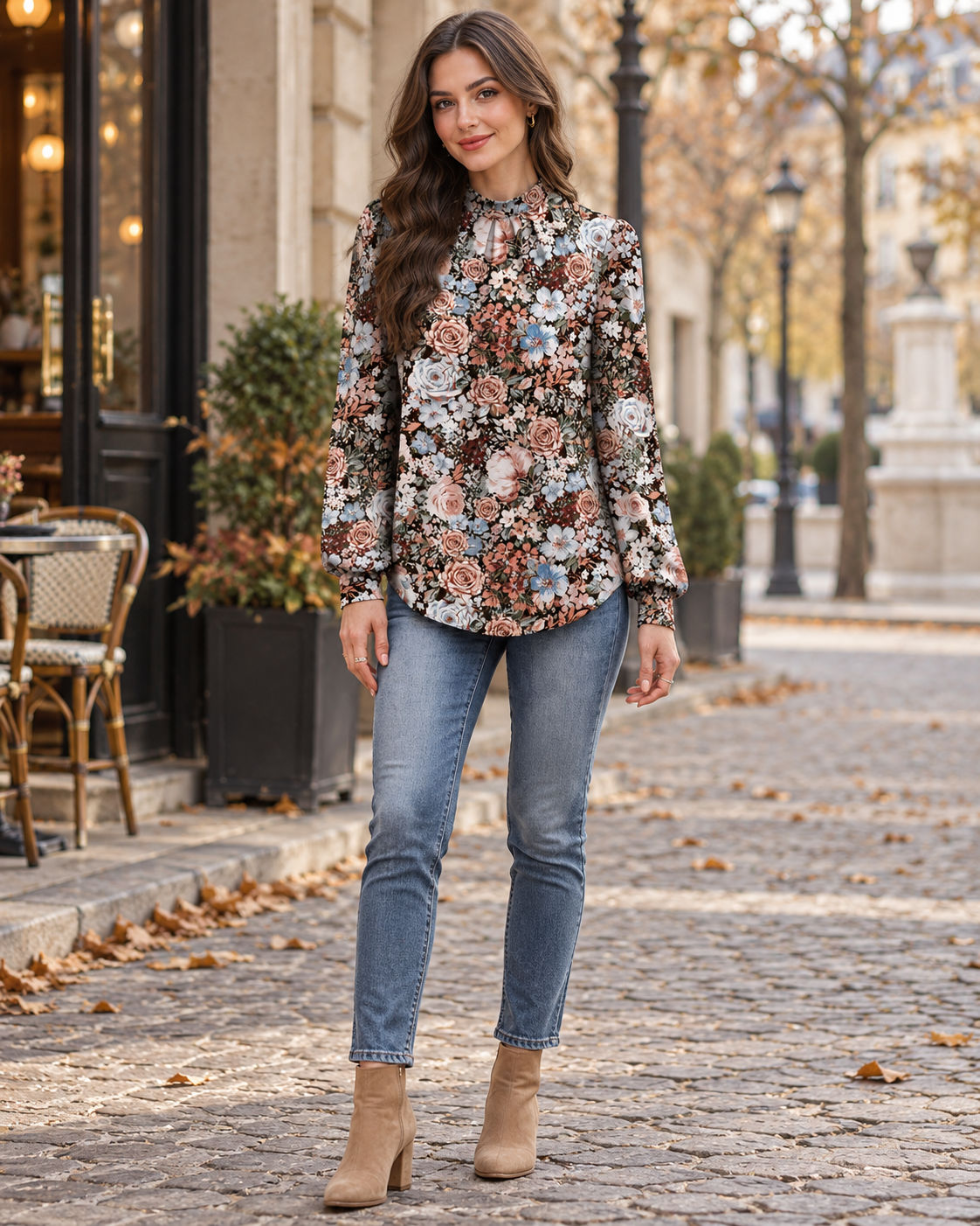 Uma Women's Mock Neck Floral Blouse with Pleated Detail and Long Gathered Puff Sleeves
